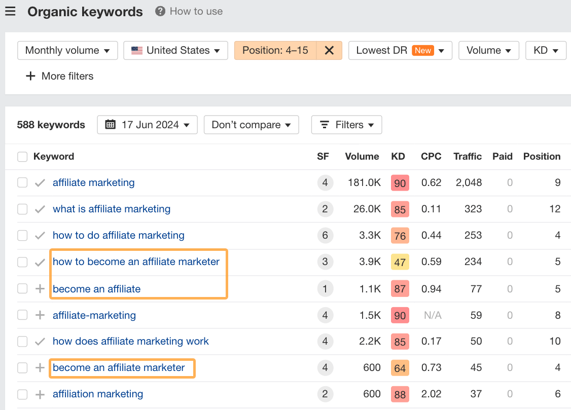 Example of low hanging fruit keywords to add to an article.