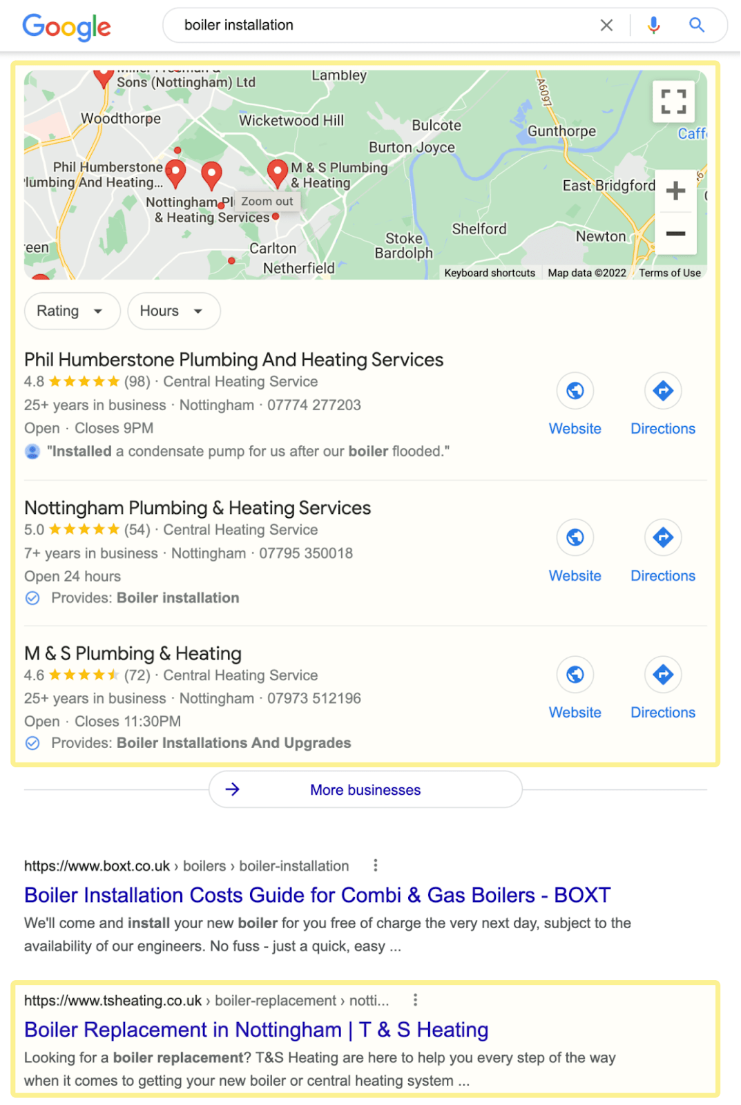 Google SERP for "boiler installation"; map pack and blue link result can be seen 