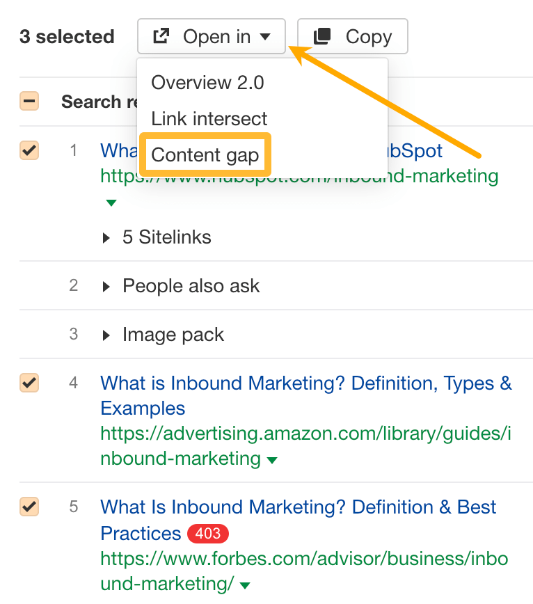 Open in Content gap feature in Keywords Explorer