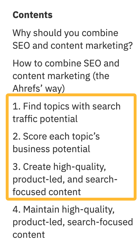 Table of contents for an article on how to combine seo and content marketing