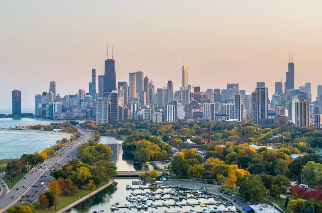 Chicago city skyline from North Lakeshore Drive