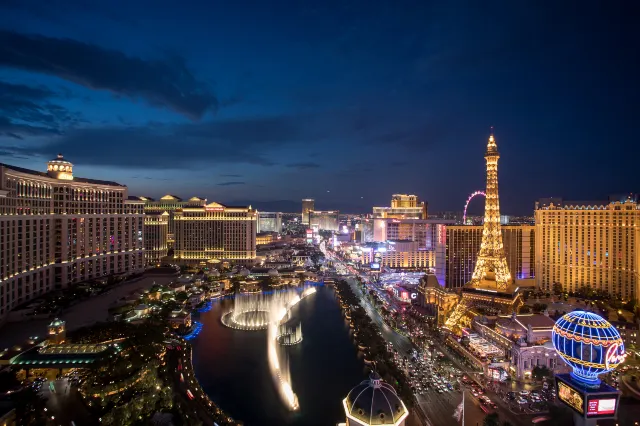 Bellagio Fountain and Las Vegas Strip at night