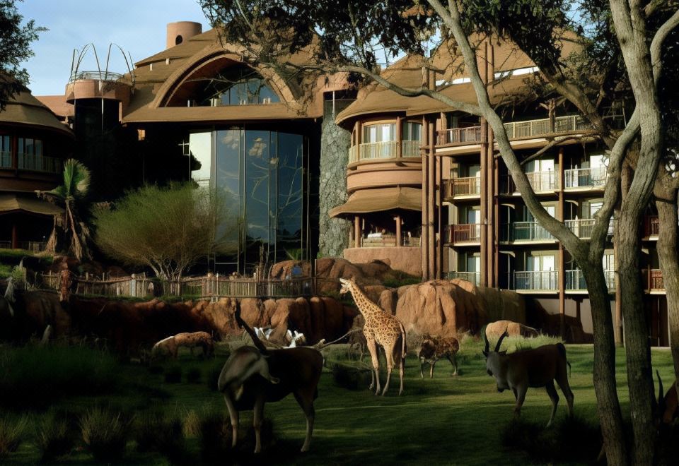 a large building with a unique architectural design is surrounded by animals , including giraffes and antelopes at Disney's All-Star Music Resort