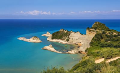 a picturesque coastal landscape with white cliffs , clear blue water , and green vegetation , under a clear sky at Ikos Dassia Ikos Dassia - All Inclusive Photo