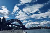 Sydney Opera House, Harbour Bridge, and clouds.