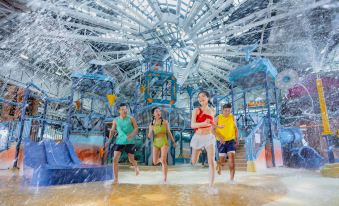 Children are playing at a local family fun center's water park at Studio City Hotel