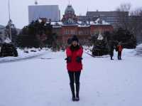 日本北海道札幌 雪白世界中的紅磚瓦牆舊都廳