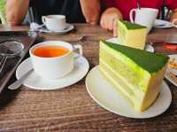 Enjoying a cup of tea and nice cakes and pastries at Boh Tea Centre, Sungai Palas