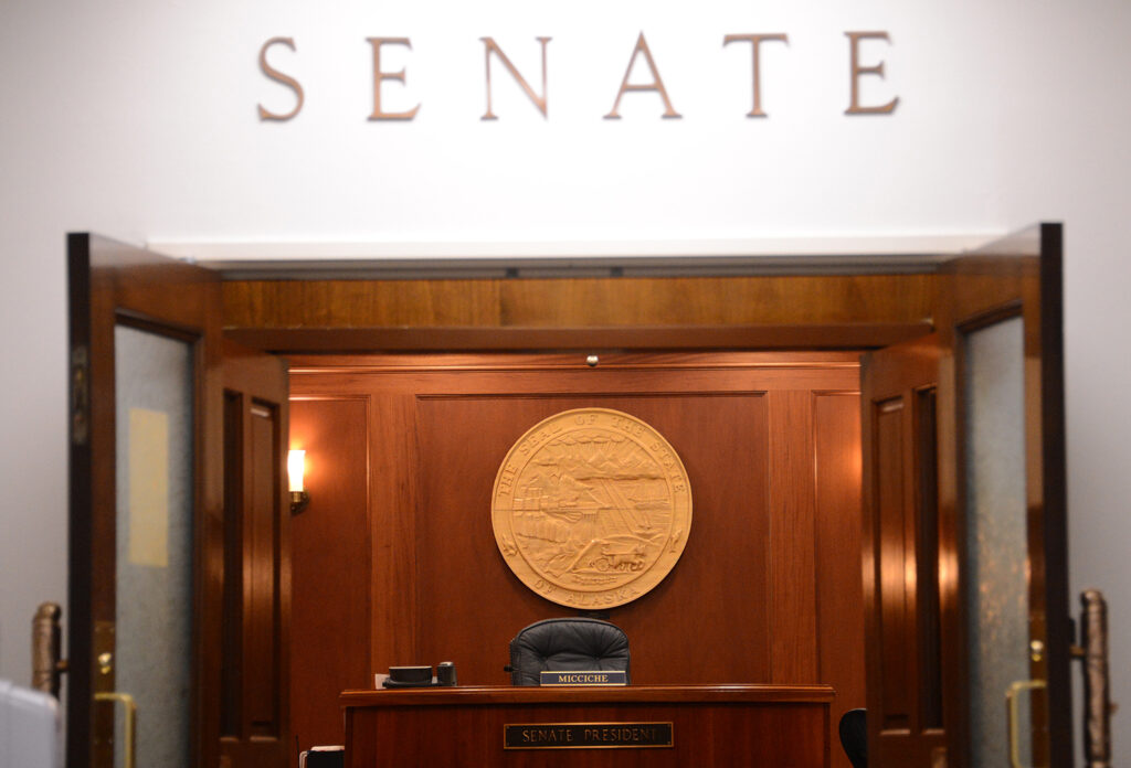 The Senate chambers are seen at the Alaska State Capitol on Friday, May 13, 2022, in Juneau, Alaska. (Photo by James Brooks/Alaska Beacon)