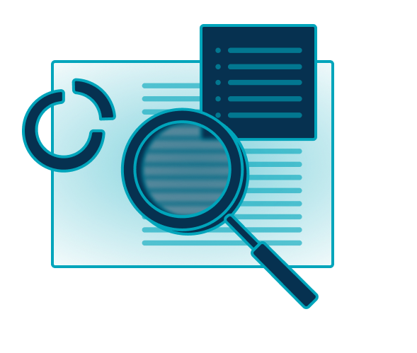 A line art drawing of a magnifying glass and a few documents.