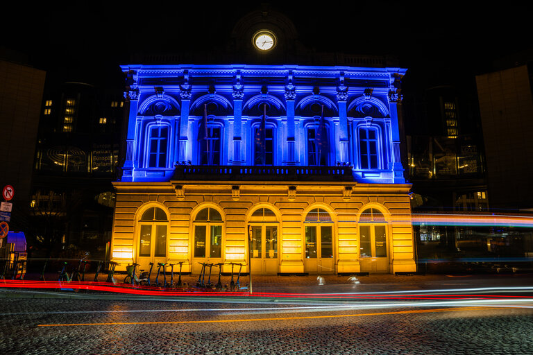 3 years anniversary of Russian aggression against Ukraine : lighting up of Station Europe buildings with colors of Ukrainian flag