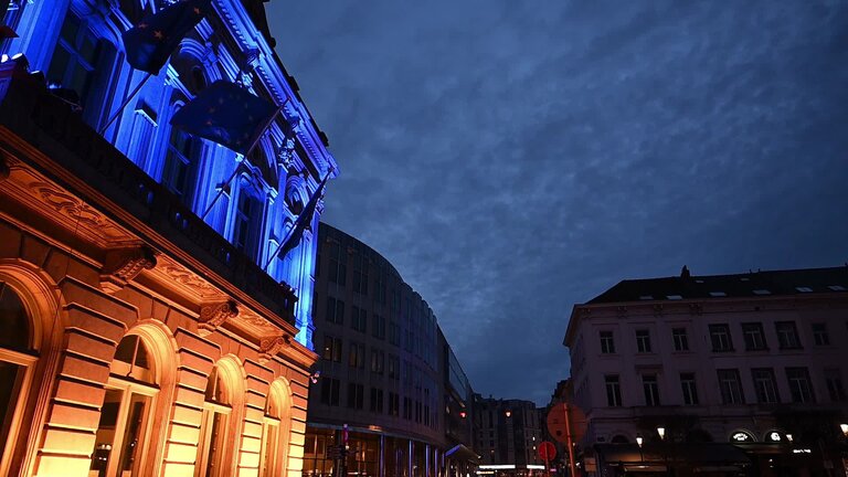 3 years anniversary of Russian aggression against Ukraine: lighting up of Station Europe buildings with colors of Ukrainian flag