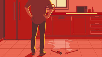 illustration of person standing in front of dishwasher with leaking water and repair tools on floor