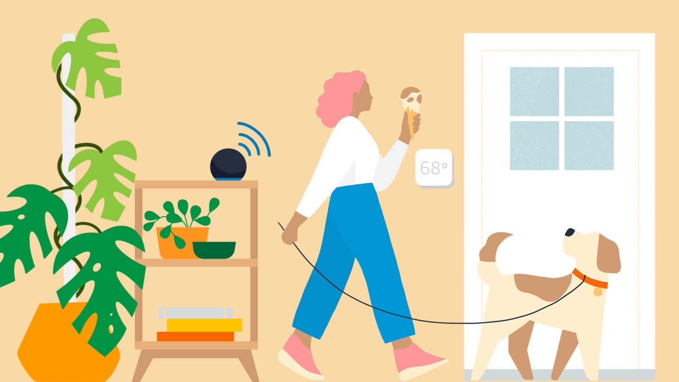 Illustration of a woman walking her dog with an echo and thermostat in the background.