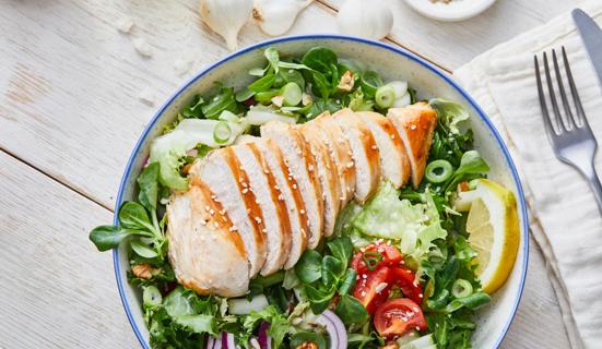 Sliced grilled chicken sprinkled with sesame seeds over mixed greens with tomatoes and onions