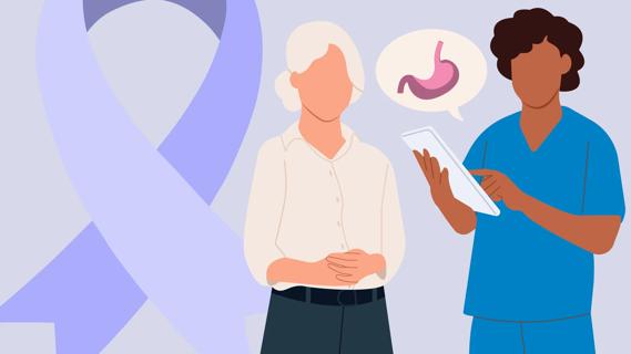 Healthcare provider discussing stomach cancer with patient, with oversized gastric cancer ribbon in background