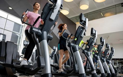 People using elliptical machines in a gym