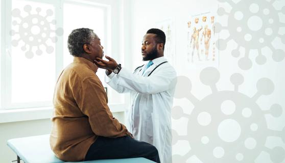 Healthcare provider examining person's throat in office, with oversized germs around