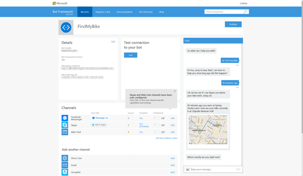 Microsoft Bot Framework connected channels view.