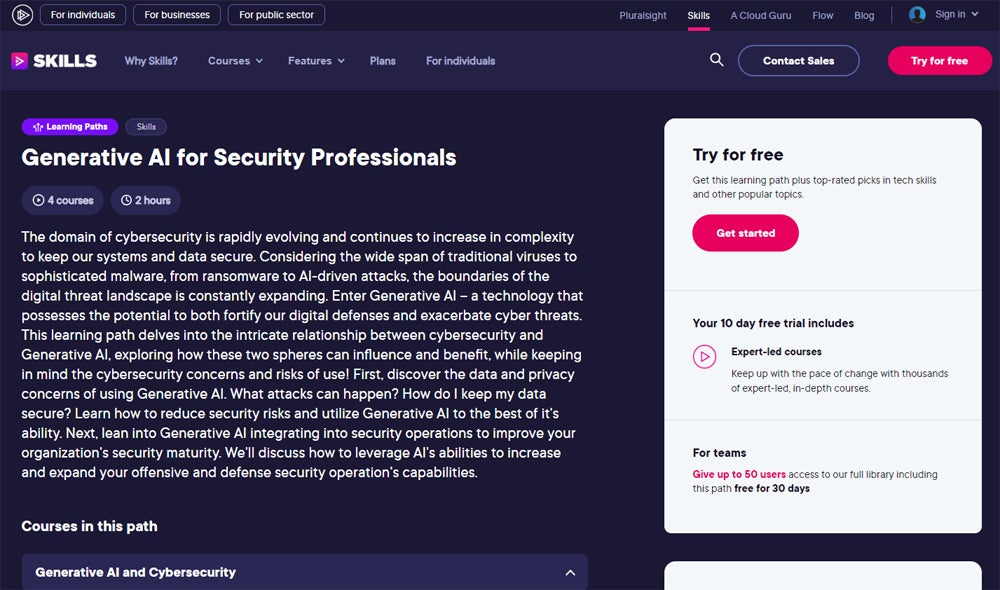 Generative AI for Security Professionals course screenshot.