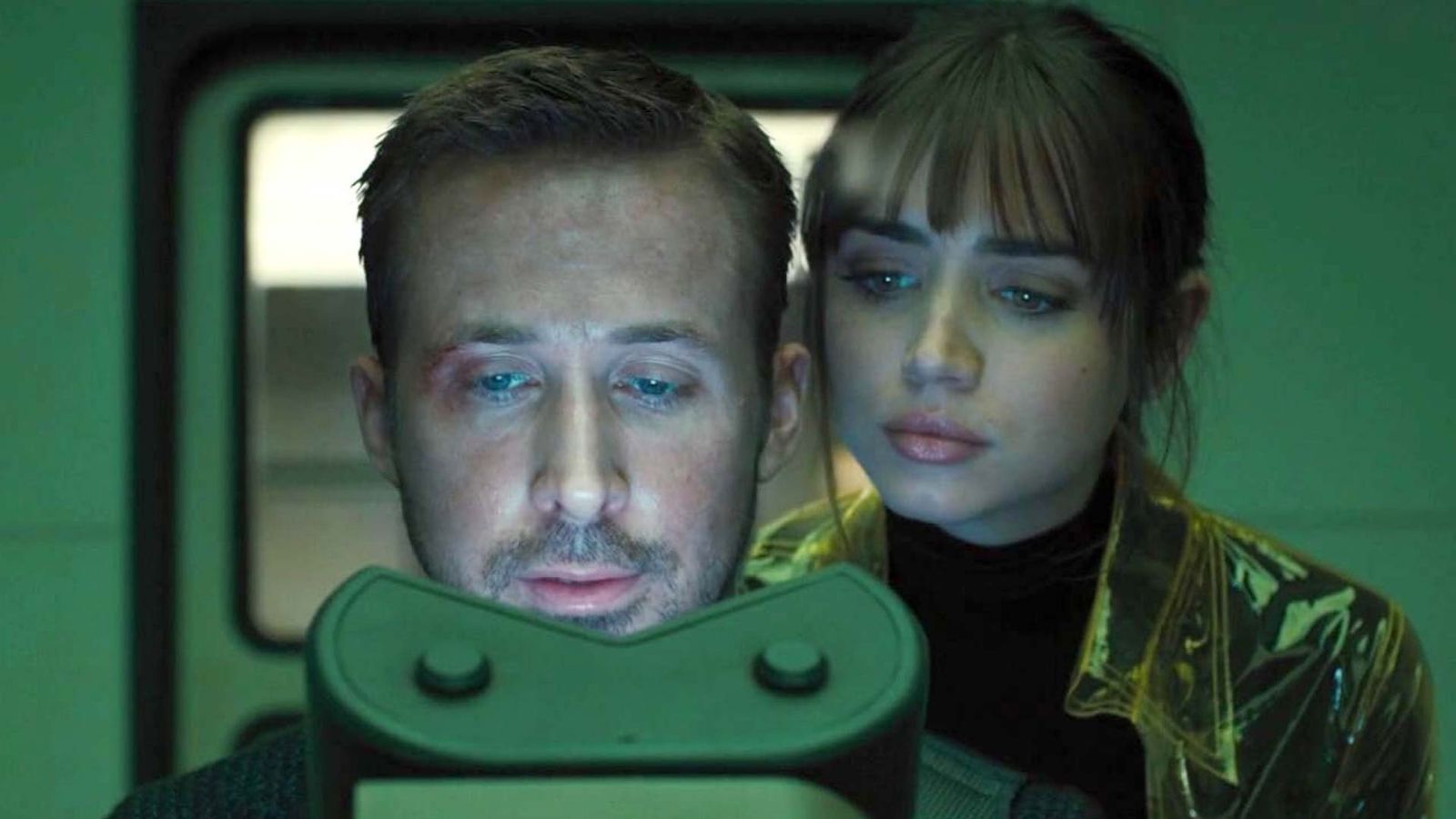 Image may contain Ryan Gosling Ana de Armas Head Person Face Photography Portrait Adult and Sad