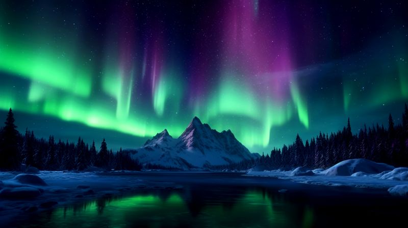 An extraordinary aurora is visible in the sky over a lonely snow covered mountain and partially reflected in a lake 