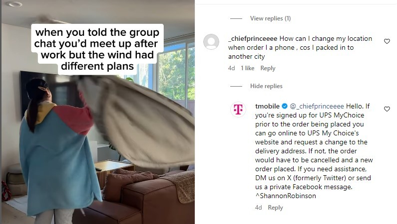 Example of T-Mobile providing social media customer care by helping a person change their delivery location