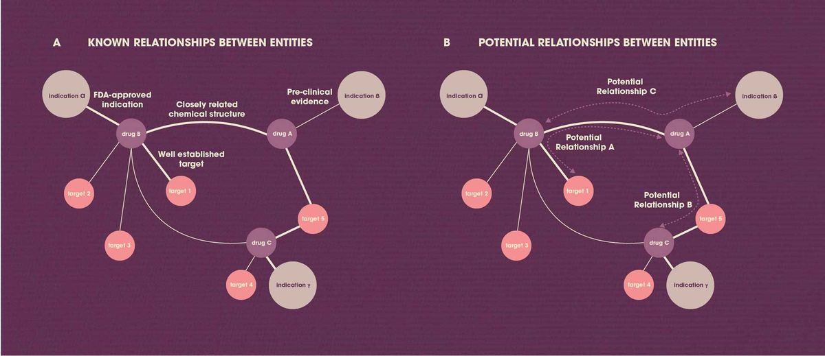 A toy subnetwork of interactions between drugs, targets and indications, demonstrating how information can be used to identify potential drugs for repurposing.