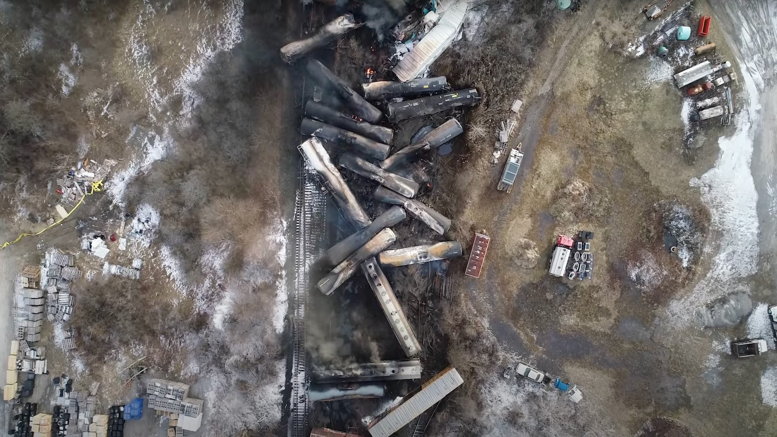 This video screenshot released by the U.S. National Transportation Safety Board  shows the site of a derailed freight...