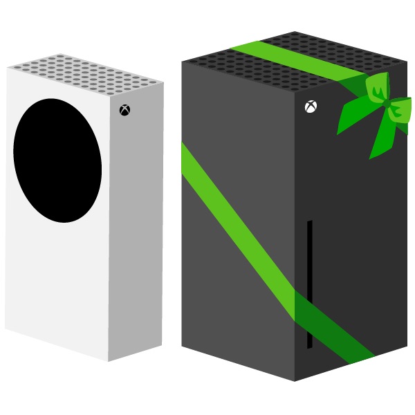 xbox series s and gift-wrapped xbox series x side by side