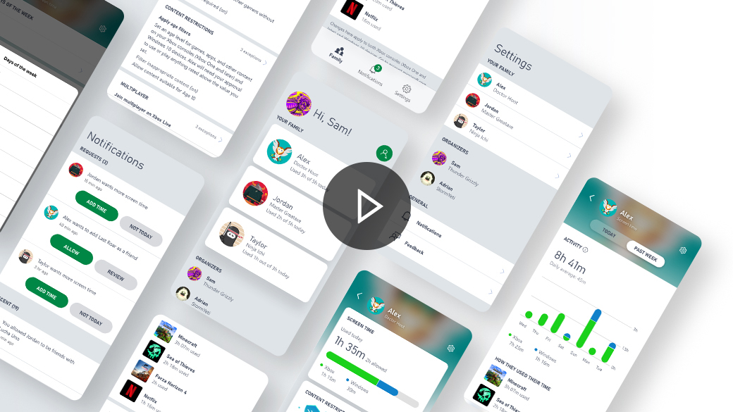 Screenshots of family safety settings UI on the Xbox Family Settings app.