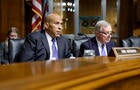 Sen. Cory Booker and Sen. Dick Durbin listen during a hearing with the Senate Judiciary subcommittee on Capitol Hill on June 12, 2024 in Washington, DC. 