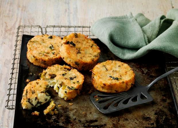 Bubble and squeak cakes on baking sheet with wire rack 