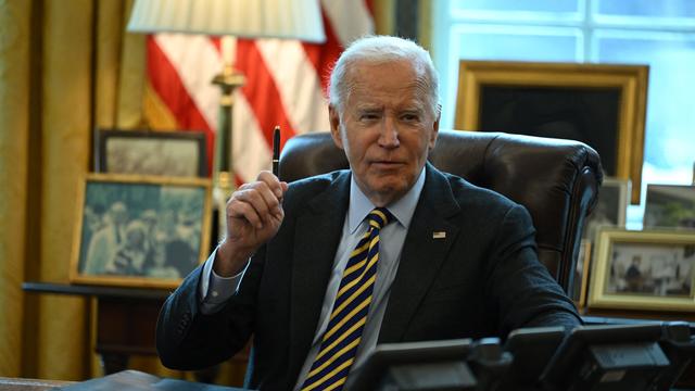 President Biden speaks during a briefing on the federal response to the Los Angeles wildfires in the Oval Office of the White House on Friday, Jan. 10, 2025. 