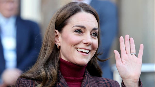 Britain's Catherine, Princess of Wales, waves following a visit to the Royal Marsden Hospital in west London on Jan. 14, 2025. 