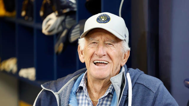 Milwaukee Brewers play-by-play announcer Bob Uecker stands in the dugout prior to the game between the New York Mets and the Milwaukee Brewers at American Family Field on April 3, 2023, in Milwaukee, Wisconsin. 