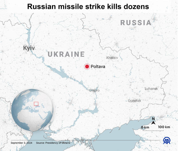 Map - Russian missile strike in Poltava, Ukraine 