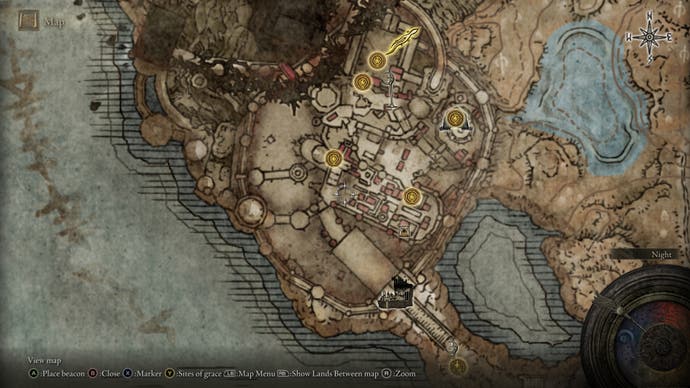 A map screen from Shadow of the Erdtree for the whole of Belurat, Tower Settlement.