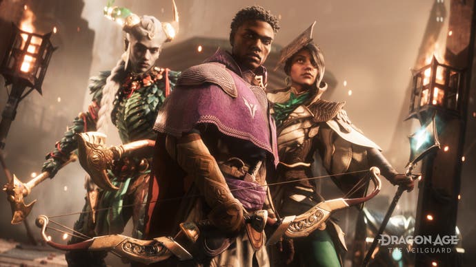 Dragon Age: The Veilguard screenshot showing three companion characters looking stern.