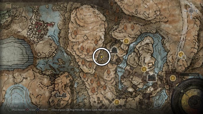 Circled location of where to find Messmer Soldier enemies on the map of Shadow of the Erdtree DLC in Elden Ring.