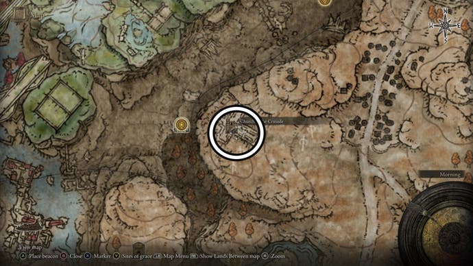 A screenshot of where to find the Ash of War: Flame Skewer location on the Elden Ring Shadow of the Erdtree map.