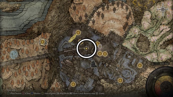 A screenshot of where to find the Ash of War: Wall of Sparks location on the Elden Ring Shadow of the Erdtree map.