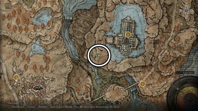 A screenshot of where to find the Ash of War: Carian Sovereignty location on the Elden Ring Shadow of the Erdtree map.