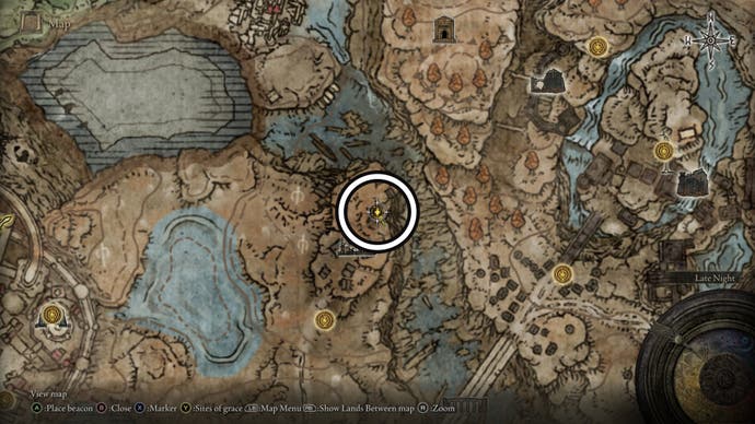 A screenshot of the Abandoned Ailing Village Revered Spirit Ashes location on the Elden Ring Shadow of the Erdtree map.