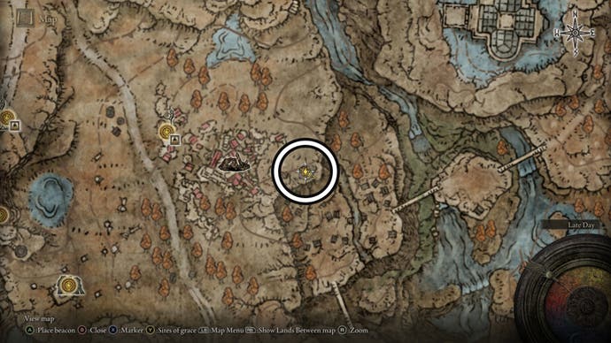A screenshot of the east of Moorth Ruins Revered Spirit Ashes location on the Elden Ring Shadow of the Erdtree map.