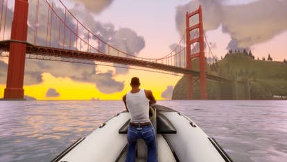 GTA San Andreas screenshot showing CJ in a speedboat