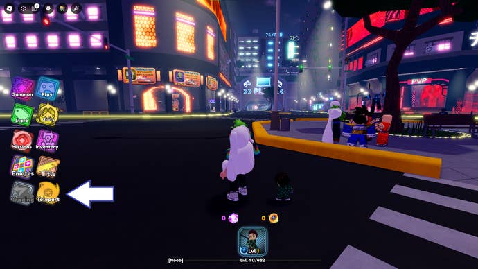 A screenshot from Anime Impact in Roblox showing the game's teleport button.