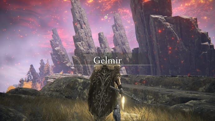 An Elden Ring character stands in the mountainous Gelmir region of the map.