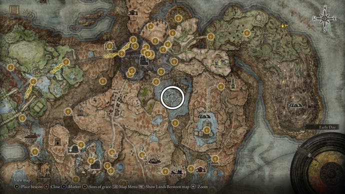 A map screen from Shadow of the Erdtree showing the location of the Oil-Soaked Tear and Bloodsucking Cracked Tear Crystal Tear Furnace Golems.