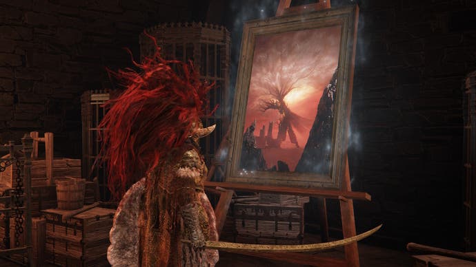 A warrior looks at a red painting at sunset inside a room in Shadow of the Erdtree.